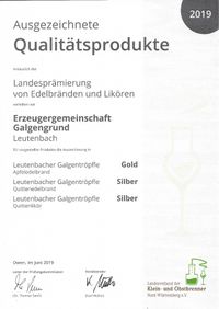 Pr&auml;mierungsurkunde Leutenbacher Galgentr&ouml;pfle 2019- 300dpi